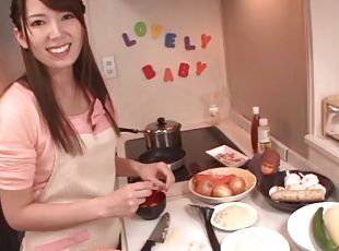 Smiley Japanese babe giving her man superb blowjob before having he...