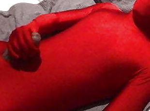 Red Zentai Twink Finishes Off Handjob