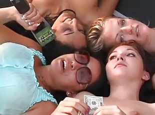 Four chicks are going to participate in a group sex for money