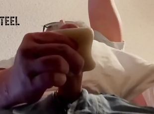Daddy fucks his toy, orgasms loud and drips cum.