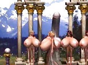 3D cuties with enormous boobs go for a walk in a forest
