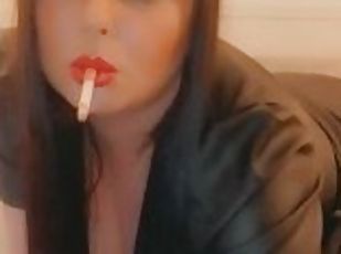 Smoking in a leather dress with red lipstick - full video on my onl...