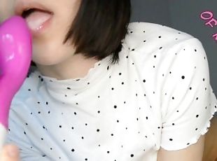 Cute Asian girl masturbates with a dildo and licks it clean afterwards
