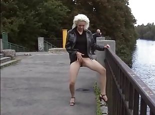 Bitches showing their cunts in public through pantyhose