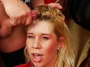 half the hockey team fucks this blonde and showers her with cum