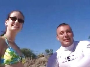 Bikini-clad whore with small tits getting her shaved pussy licked