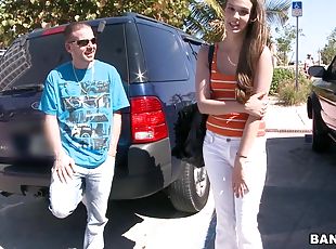 Brunette cutie Vanessa Renee talking with a guy in the backseat
