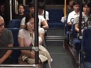 Two Guys Fucking a Busty Japanese Girl's Big Boobs in the Public Bus