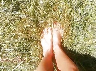 Urban Skinny Hippy Walks Bare Feet on the Hay in a Village - Tik To...