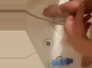 Solo in shower, polishing jerking off