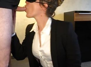 hot office clerk in stockings used for blowjob and frontal sex with cum shot in her face