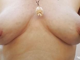 nippleringlover inserting double big heavy rings in extremely stret...