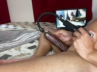 my dick with 22 cm very hard inside the penis pump watching a hot n...
