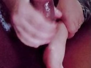 Sexy footjob and handjob while chilling with wifey ends in huge cum...