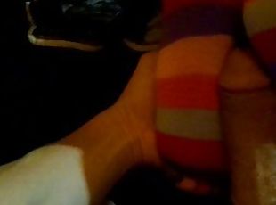 Skittles colored striped toe socks job requiring a white orgasmic blast!