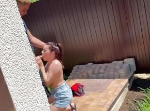 Caught in front of a security camera. Busty girl sucks boyfriend in...