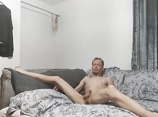 Very skinny lad Stokes his juicy cock on his bed until he shoots ou...
