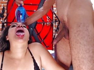 Drinking a big cum from a glass of wine the girl plays with the cum...