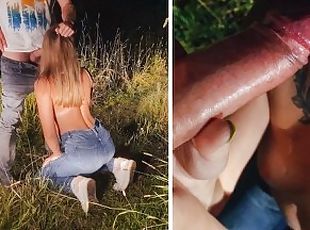 An obedient slut on her knees public sucks my cock and eats cum in ...