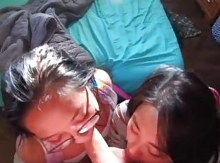 2 cute asian teens giving a lucky guy the best blowjob in this awes...