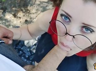 cute schoolgirl with glasses gives blowjob and sex on the old road ...