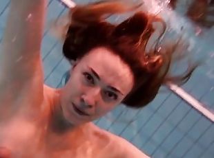 Firm big tits and red dress underwater on Duna Bultihalo