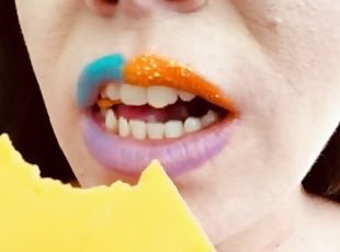 ASMR Sensually Eating Sliced Cheddar Cheese Sexy Mouth Close Up Fet...