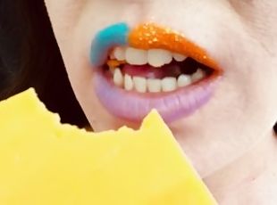 ASMR Sensually Eating Sliced Cheddar Cheese Sexy Mouth Close Up Fet...