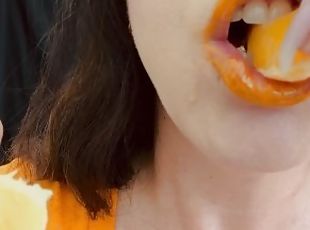 ASMR Sensually Eating Orange Fruit Mouth Close Up by Pretty MILF Je...