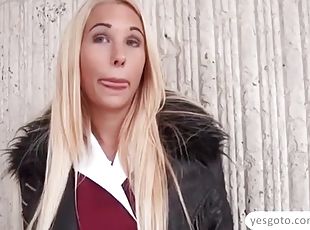 Kyra Hot exposes and squeezes tits in public and she gets fucked