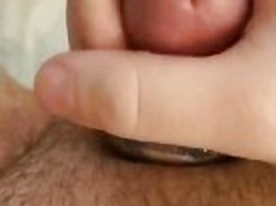Stroking oiled up cock with cock ring until messy cumshot