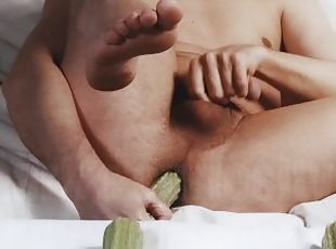 Anal training with Zucchini and Cum on My feet