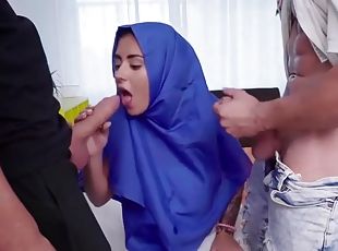 Lovely arab teen aysha gets a taste of two huge latin dicks in thre...