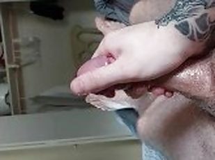 Tatted white boy jerks his morning wood while watching porn
