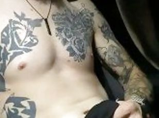 masturbation, orgasm, bil, juckande, smutsig, sprut, ensam, tatuering