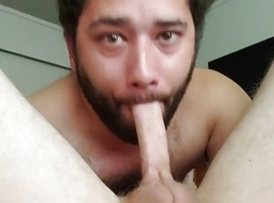 Bushmanjim deepthroats Buddy Keegan's nice cock and he cums in his throat