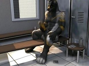 Wolf wear condom and masturbate in Locker room HD by h0rs3