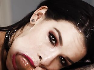 Spit soaked deepthroat blowjob from a skinny dark haired slut