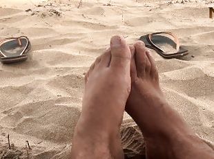 THICK WHITE CUM - PUBLIC NUDIST BEACH - CUM FEET SOCKS SERIES - MAN...