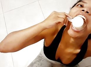 Stepdaughter drinking her protein post workout with piss straight i...