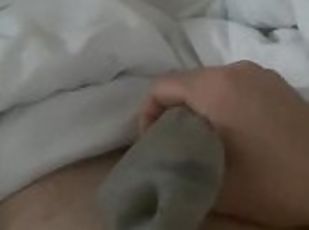 Woke up with a rock hard cock morning wood HUGE cumshot into a sock...