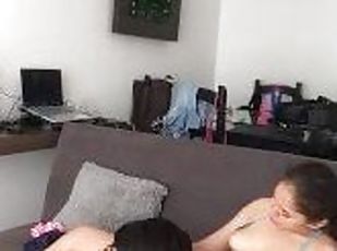 Horny stepsister rides my pussy and fucks her then cums inside my delicious wet pussy in the living