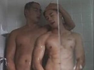 asiático, bañando, amateur, gay, pareja, ducha