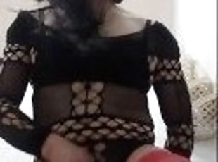 Beautiful crossdresser in lingerie enjoys with her dildo in her ass...