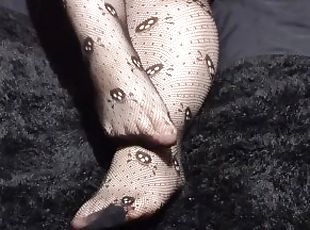 Close up of Wolf's cute feet in skull fishnets for your foot fetish...