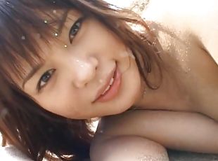 asiatisk, utendørs, babes, cumshot, japansk, strand, svelging, facial, cum, søt