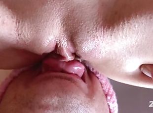 CLOSE UP slurping wet cunnilingus licking delicious pussy and swoll...