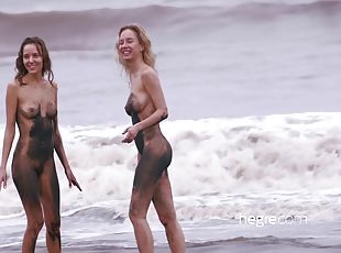 en-plein-air, public, maigre, lesbienne, ados, black, plage, blonde, fétiche