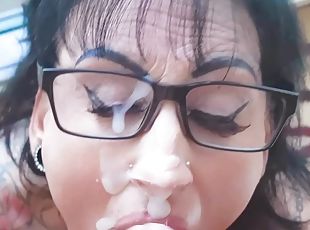 Homemade facial blowjob on glasses with german big tits milf pov