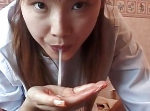 POV amateur video of girlfriend Rina Usui giving a nice blowjob